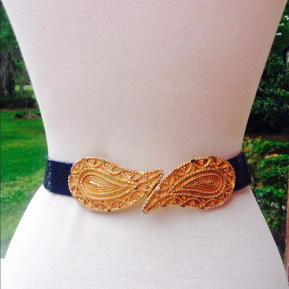 Vintage Paisley Blue Belt Buckle Navy Croco Gold